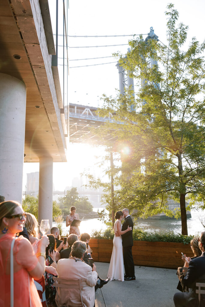bride and groom embracing at Celestine Wedding brooklyn