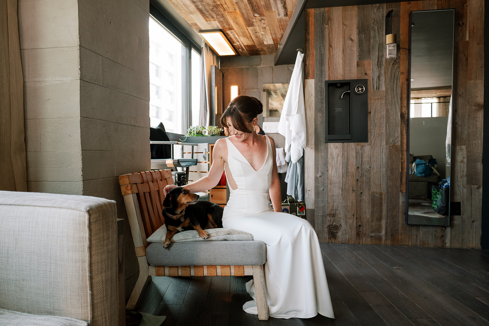 bride petting her dog at Celestine Wedding brooklyn