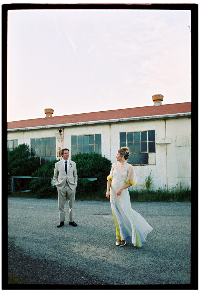 bride and groom looking at each other at san francisco wedding at travis marina